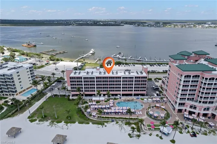 Aerial of the unit building and the inland waterway and marina
