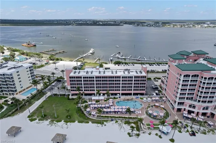 Aerial view of the building looking over to the marina