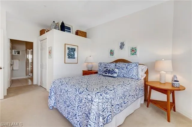 Carpeted bedroom with a closet