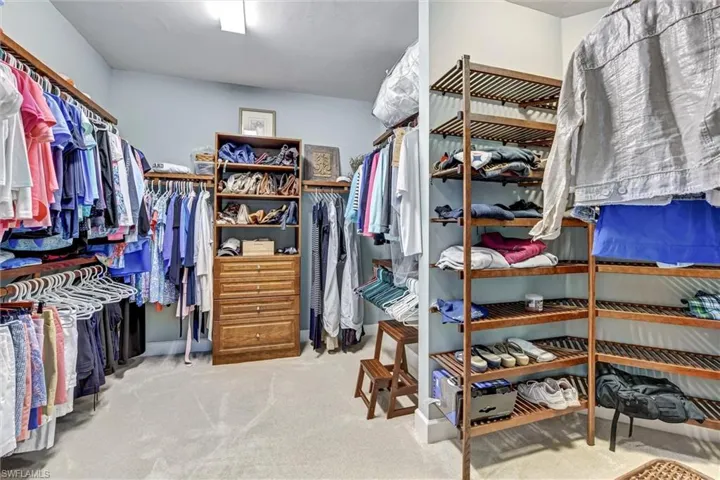 Walk in closet featuring light colored carpet
