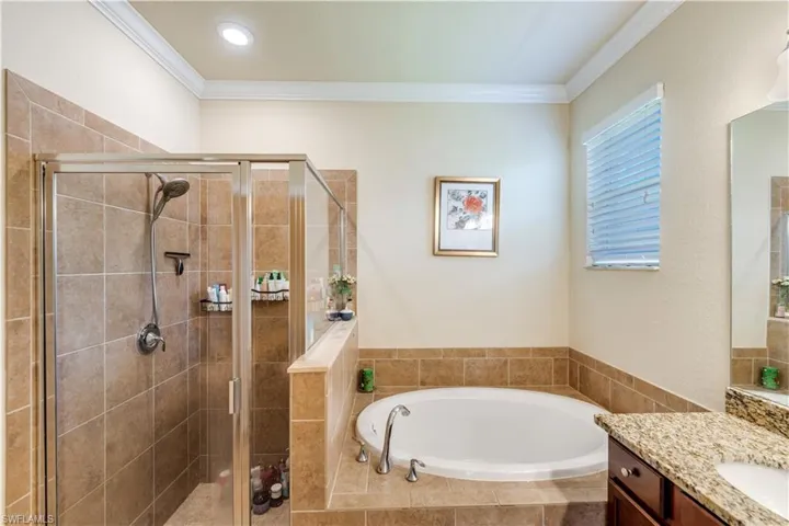 Bathroom featuring vanity, separate shower and tub, and crown molding