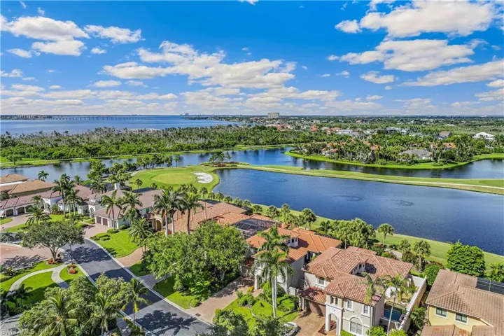 Birds eye view of property with a water view