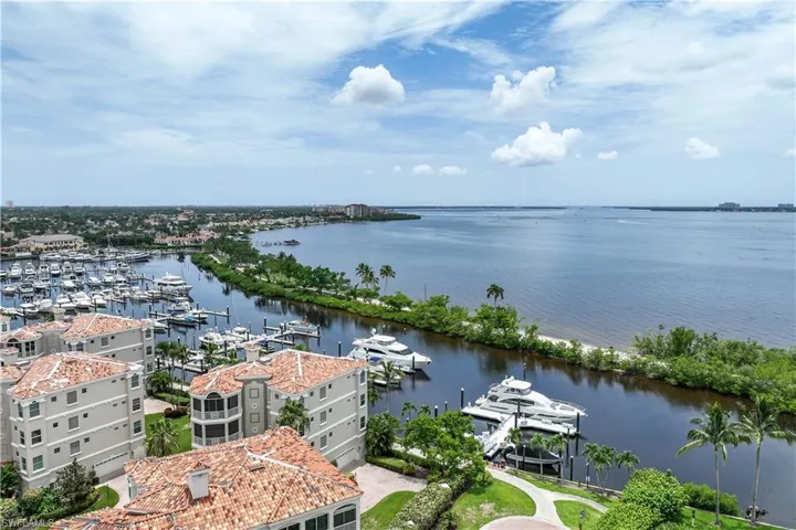 Birds eye view of property with a water view