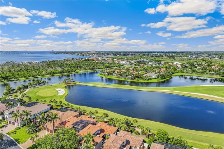 Birds eye view of property with a water view