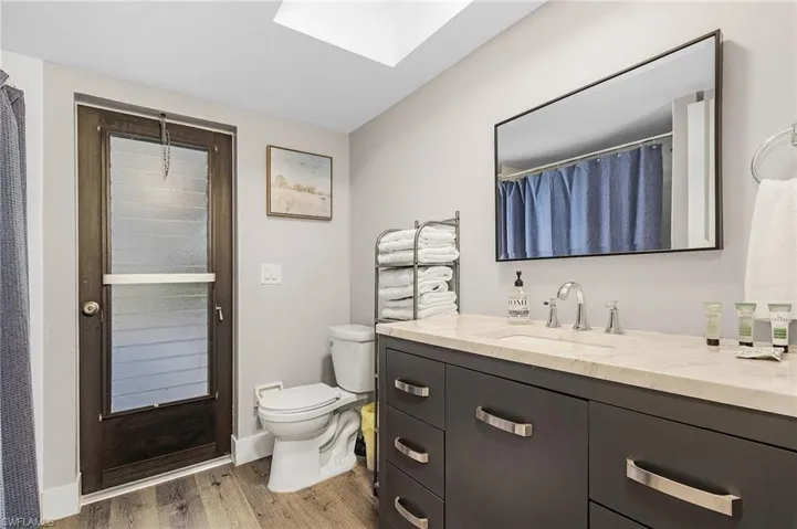 Bathroom with vanity, toilet, baseboards, wood finished floors, and a skylight
