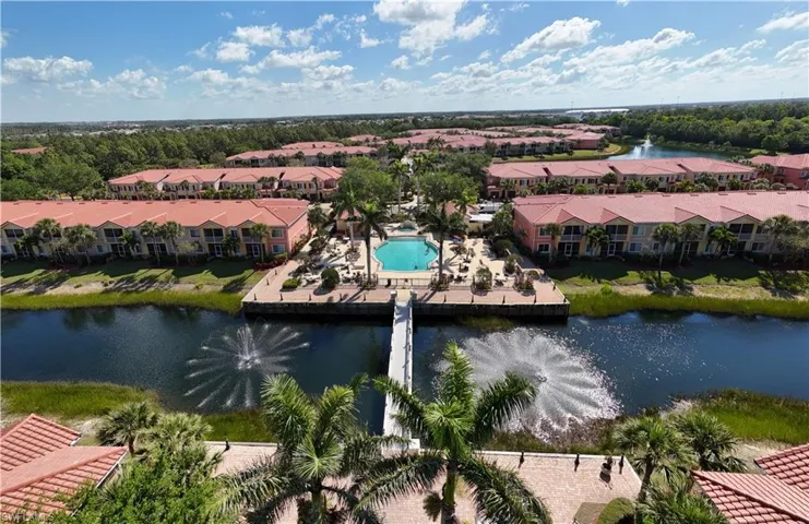 Birds eye view of property featuring a water view and a residential view