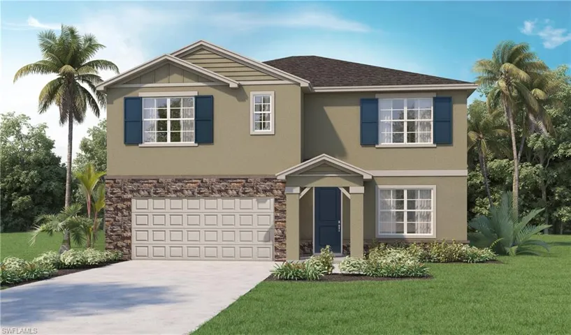 Two-story stucco home featuring a stone facade accent, covered entry, and a two-car garage