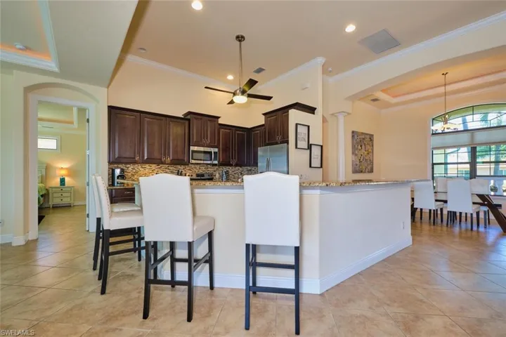 Kitchen featuring stainless steel appliances, dark brown cabinetry, a raised ceiling, ceiling fan with notable chandelier, and tasteful backsplash