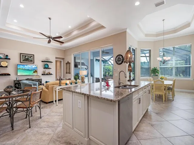 Great room with dining room, kitchen and living room.