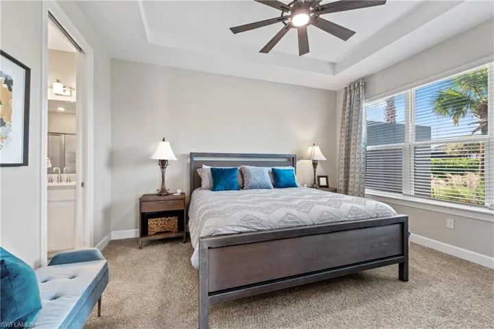 Bedroom featuring a tray ceiling with a ceiling fan, carpeted flooring, and large windows with blinds