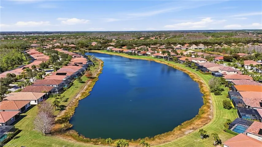 Aerial perspective of suburban area with a nearby body of water