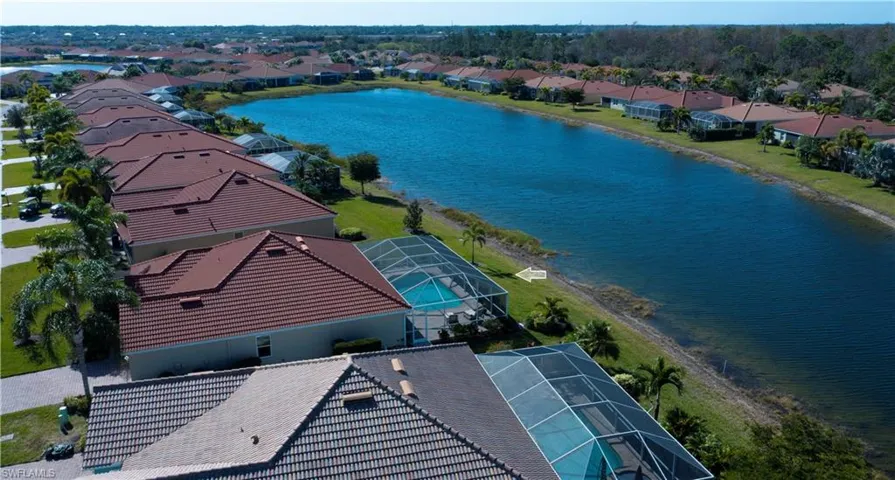 Birds eye view of property with a water view