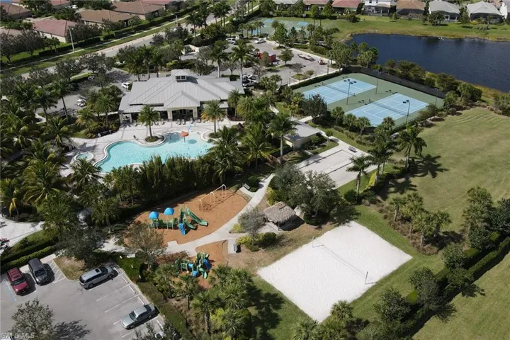 Aerial perspective of suburban area featuring a nearby body of water