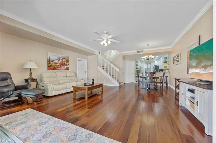 Living room with view of kitchen