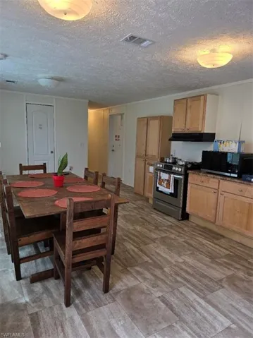 Dining area with a textured ceiling