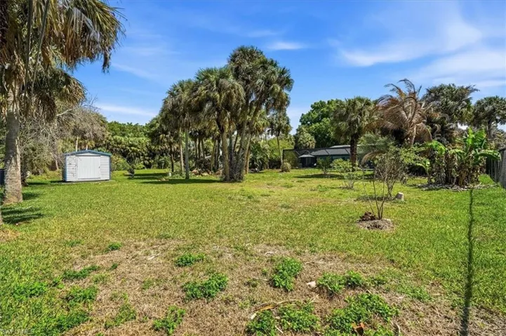 View of grassy yard featuring a shed
