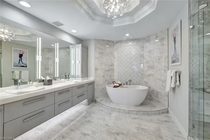 Bathroom with ornamental molding, vanity, a raised ceiling, independent shower and bath, and a chandelier