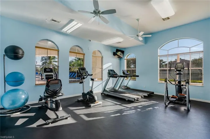 Workout area with ceiling fan