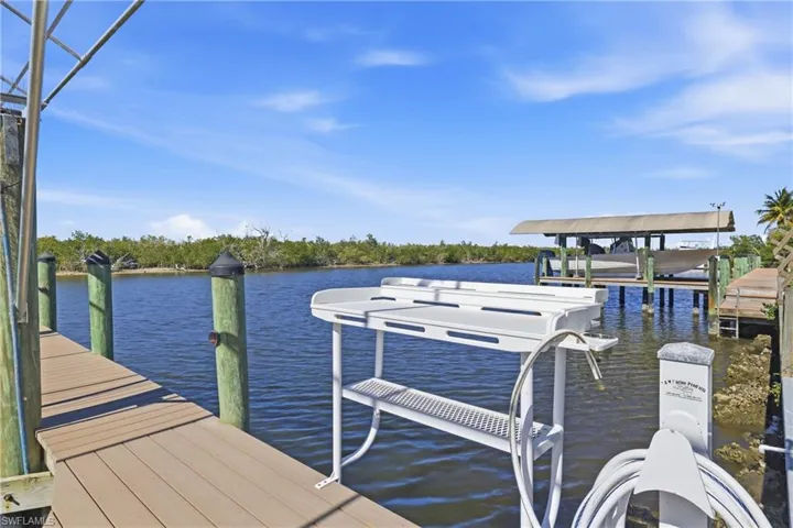 Dock area featuring a water view and boat lift