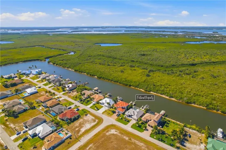 Aerial perspective of suburban area with a nearby body of water and a forest