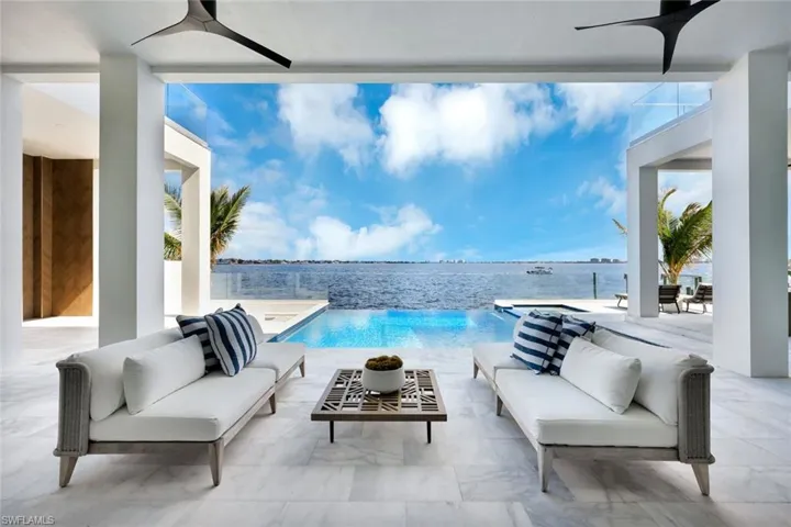 View of swimming pool featuring an outdoor hangout area, a water view, and a patio