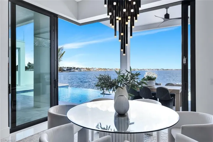 Dining area featuring a water view
