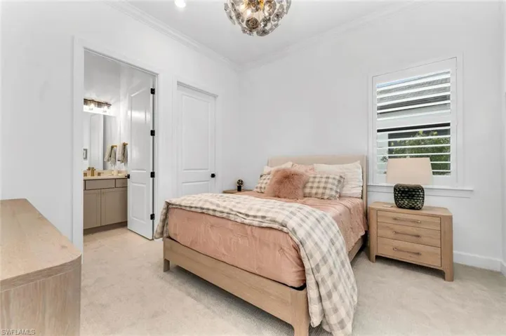 Carpeted bedroom with crown molding and ensuite bathroom