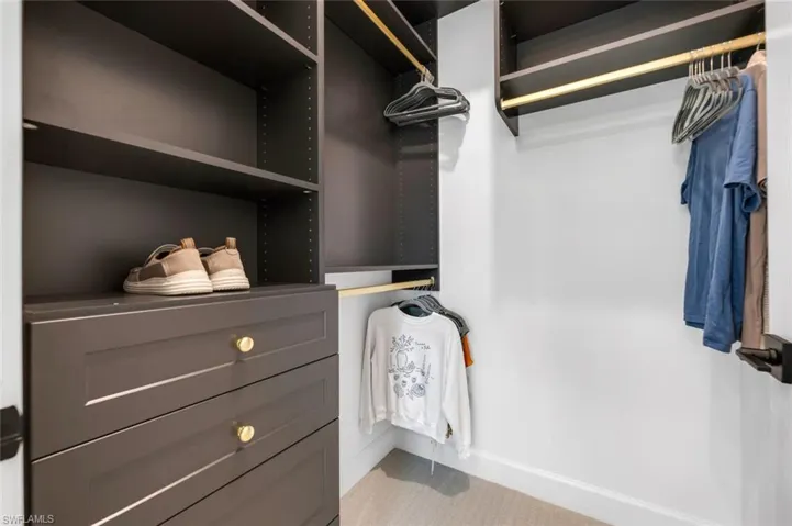 Walk in closet featuring light colored carpet