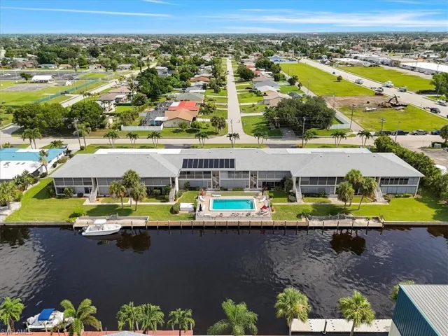 Aerial view of a large body of water and a pool