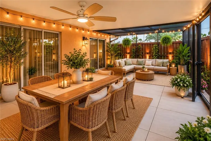 Spacious covered patio featuring a dining area with a wood table, a lounge area with an L-shaped sectional, a ceiling fan, string lighting, and extensive privacy fencing