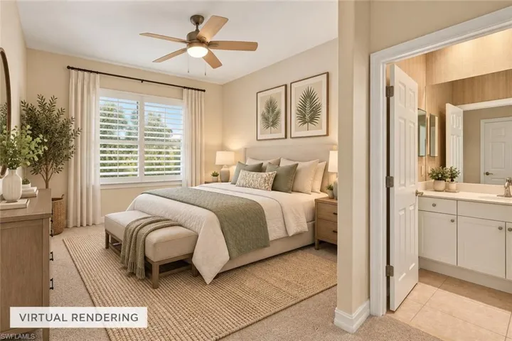 Neutral-toned interior featuring an integrated ceiling fan with light fixture, window with shutter treatments, and a bathroom equipped with white cabinetry and a vanity mirror