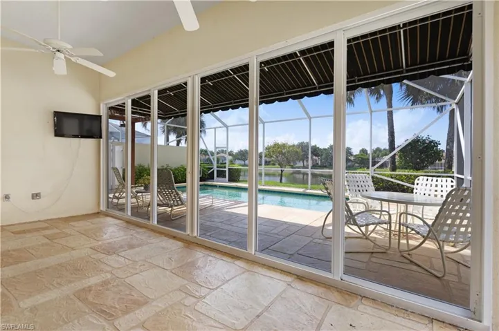 Gassed in Lanai View of swimming pool with ceiling fan and a water view w/ Hurricane Sliders