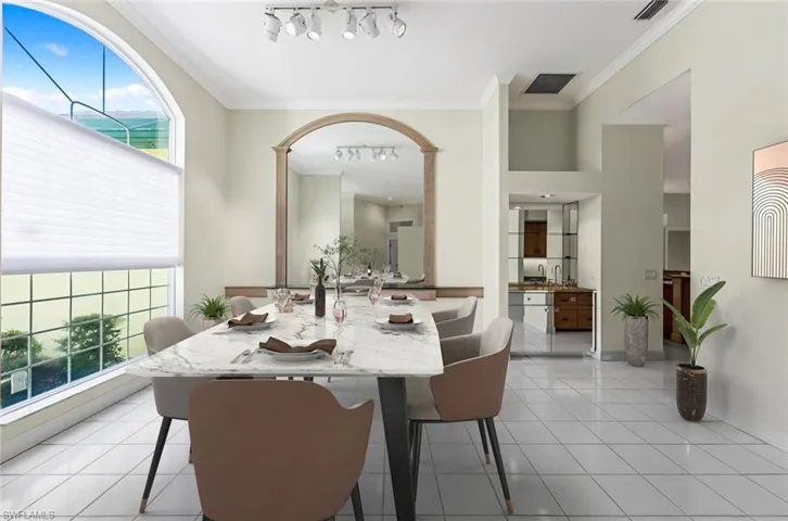 Virtually furnished.  Tiled dining space and wet bar