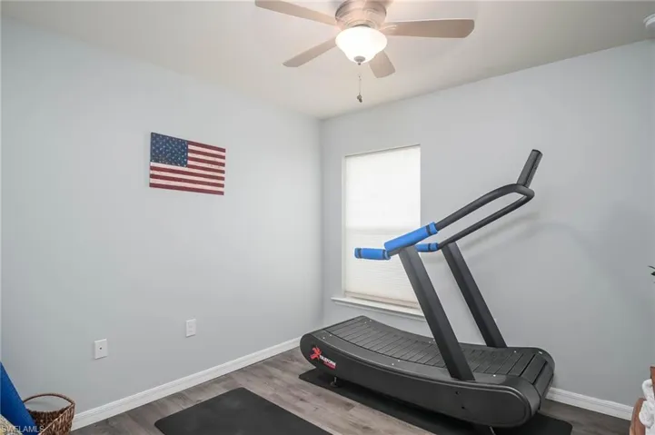 Workout area featuring plenty of natural light, ceiling fan, and hardwood / wood-style floors