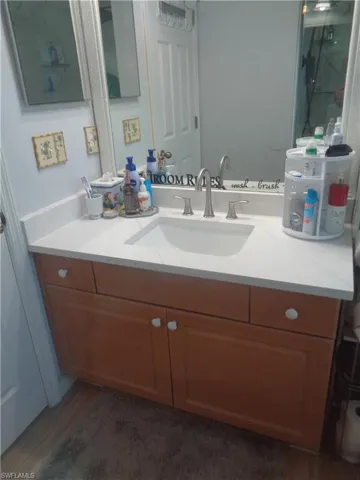 Bathroom with vanity and dark wood-type flooring