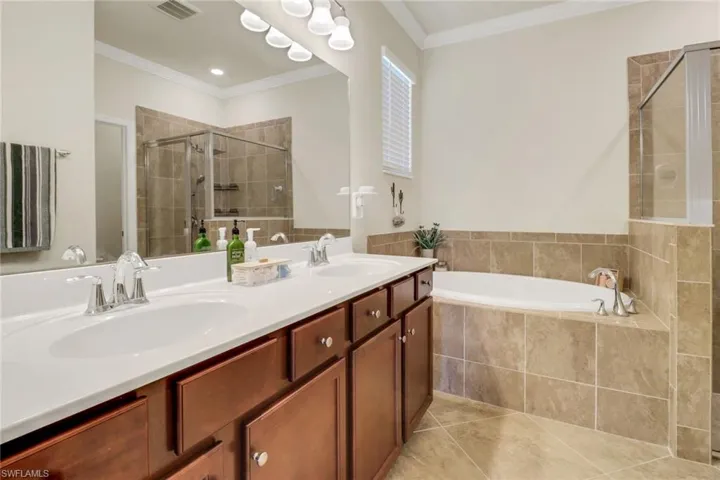 Full bathroom with visible vents, a sink, crown molding, and a shower stall