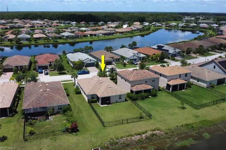 Birds eye view of property with a residential view and a water view