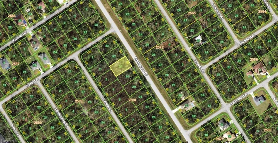 Aerial map of property and surrounding area with property parcel outlined