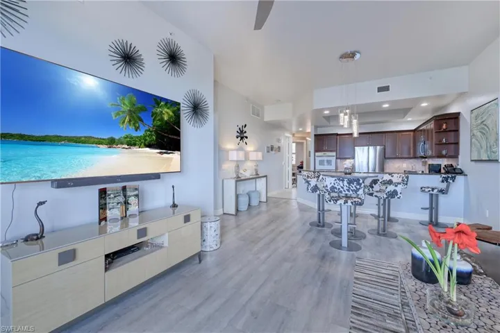 Living room featuring light hardwood / wood-style floors and a raised ceiling