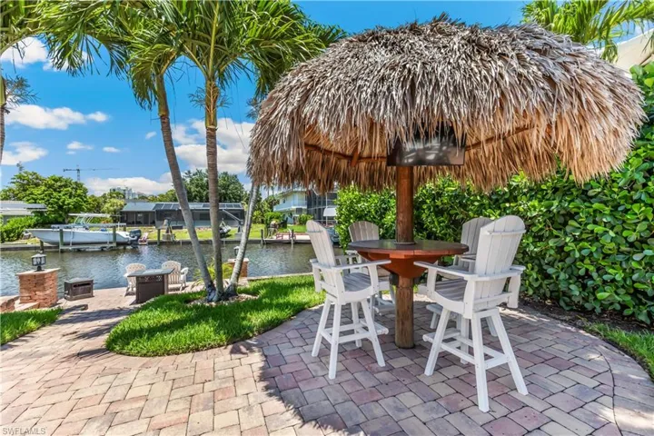 View of terrace with a water view and a dock