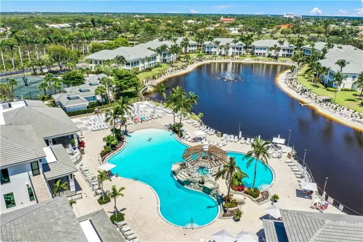 Aerial view of a large body of water and a pool