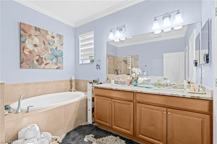 Full bath featuring double vanity, a bath, a stall shower, and ornamental molding