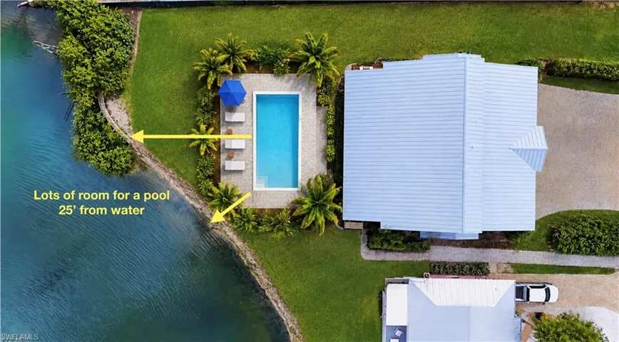 EXPANSIVE PROPERTY FEATURING A WATERFRONT EDGE, MANICURED LAWN AND MATURE LANDSCAPING. (NO POOL CURRENTLY.  VIRTUAL POOL IS ONLY TO SHOW THE POSSIBILITIES!)