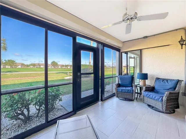 Rear lanai with sliders and golf course/lake views