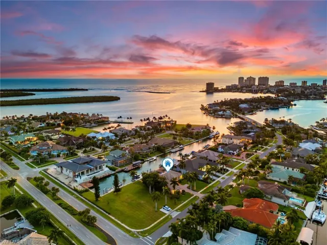 Aerial view at dusk with a water view