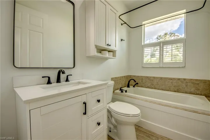 Bathroom with hardwood / wood-style tile flooring, a bathing tub, toilet, and vanity with extensive cabinet space