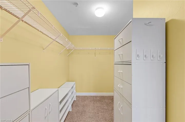 Walk in closet featuring light colored carpet