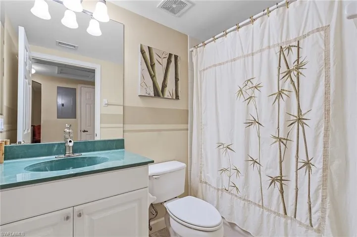 Bathroom featuring vanity, toilet, and a shower with shower curtain