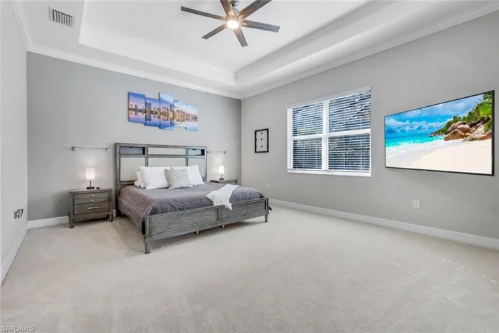 Bedroom with a tray ceiling, carpet floors, crown molding, and a ceiling fan