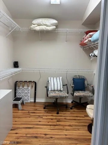 Walk in closet with wood finished floors